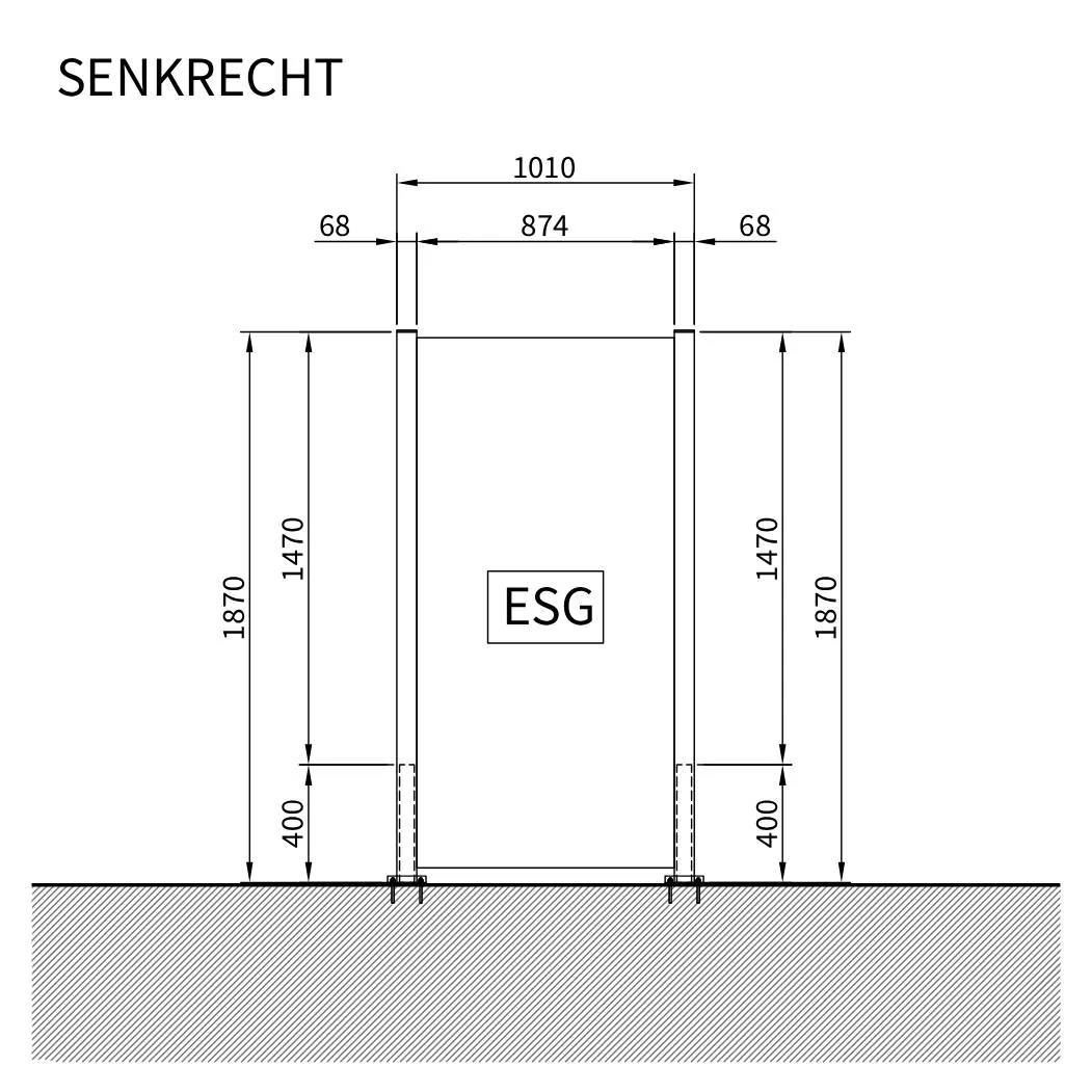 Maßskizze ESG-Zaun zum Aufdübeln: Scheibe 874 mm lichte Weite, außen 1.010 mm, Höhe 1.870 mm