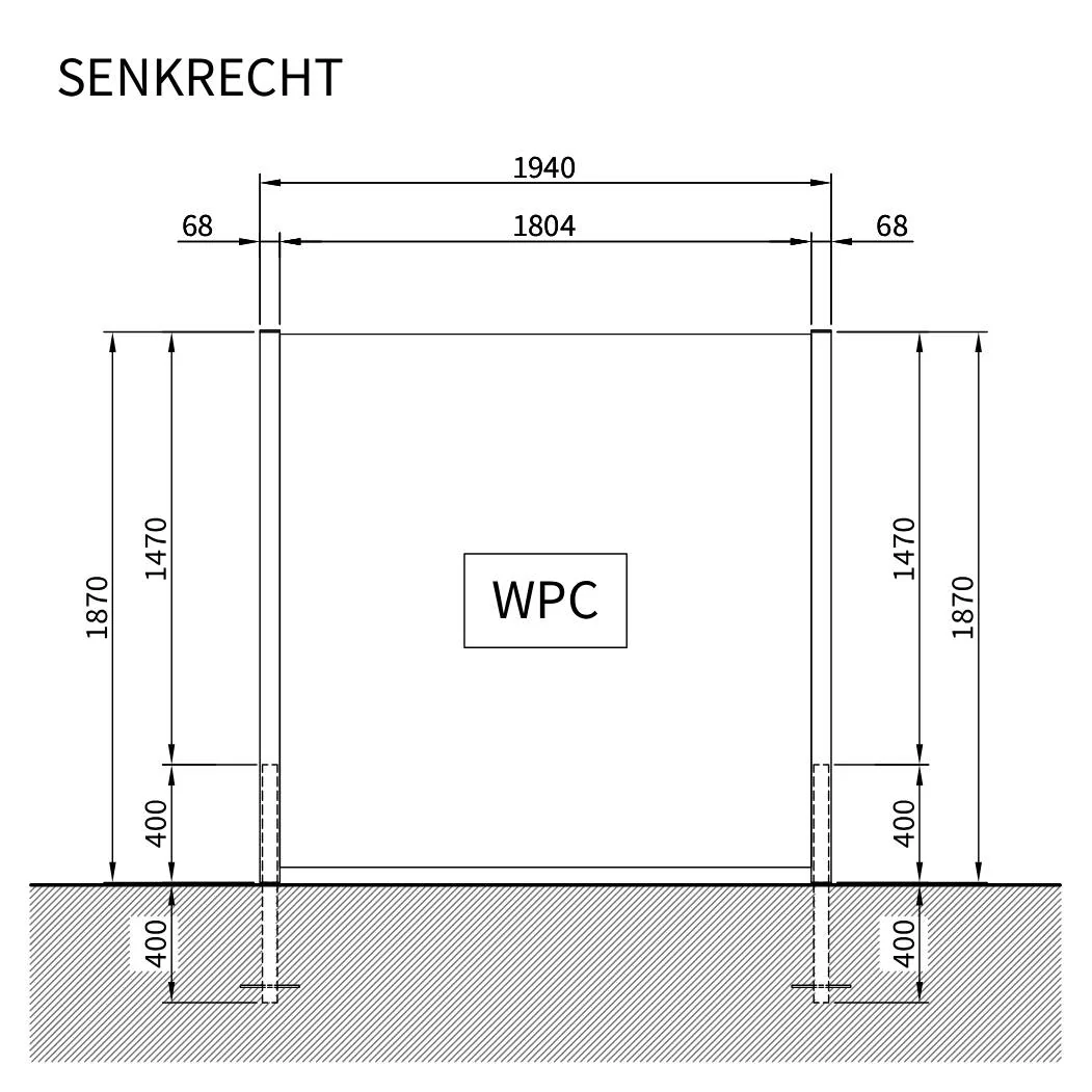 Maßskizze WPC-Zaun zum Einbetonieren: Feld 1.804 mm, Zaunpfosten 68 mm, Höhe 1.870 mm, Anker 400 mm im Fundament
