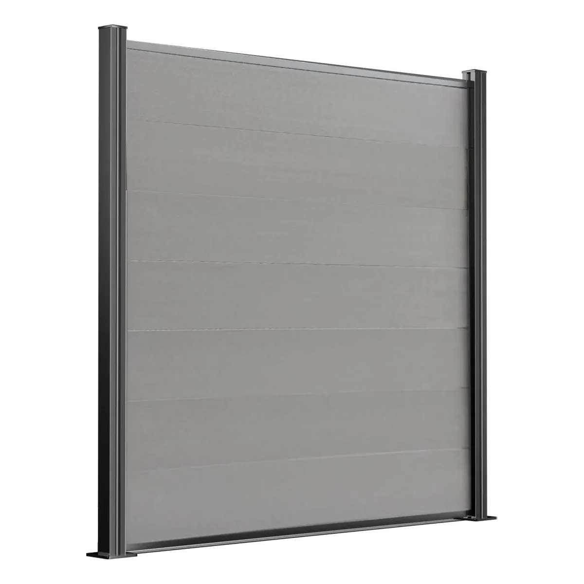 Zaunelement WPC Basic in Steingrau zwischen zwei Zaunpfosten aus Aluminium